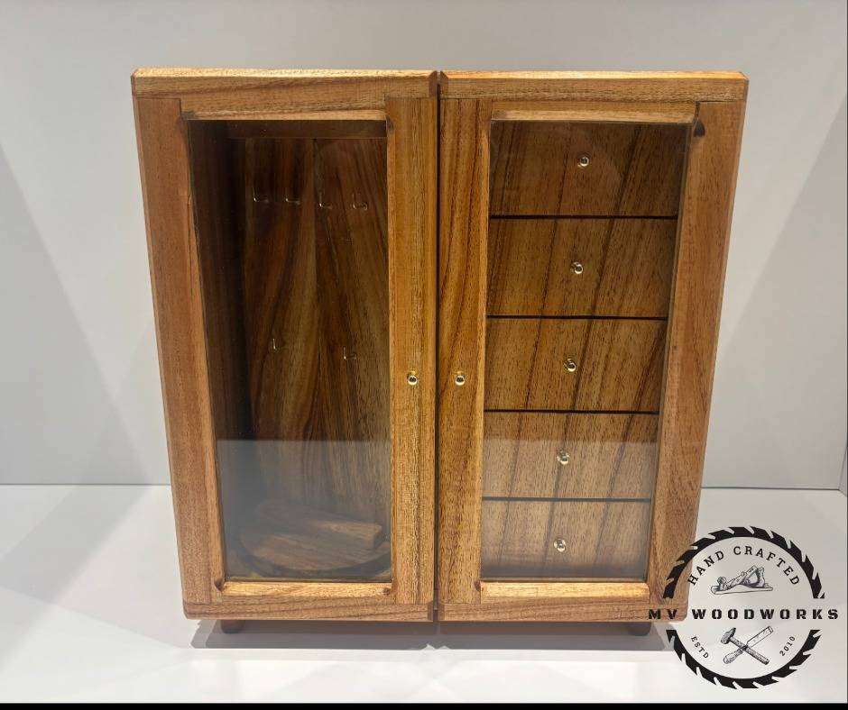 Handcrafted Jewellery Box with Glass Swing Doors and swing drawers