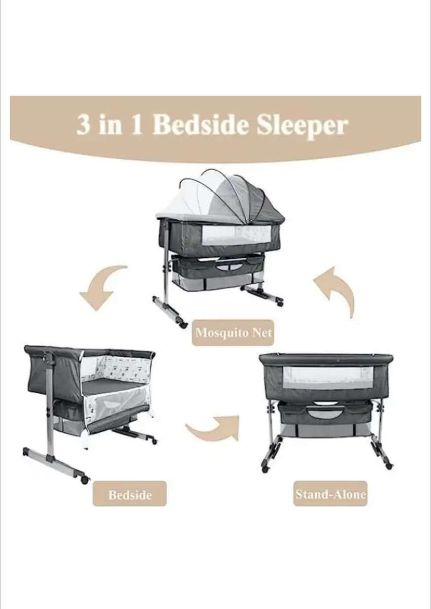 3 In 1 Bedside Baby Bassinet Sleeper Crib With Bed Nets-BLACK