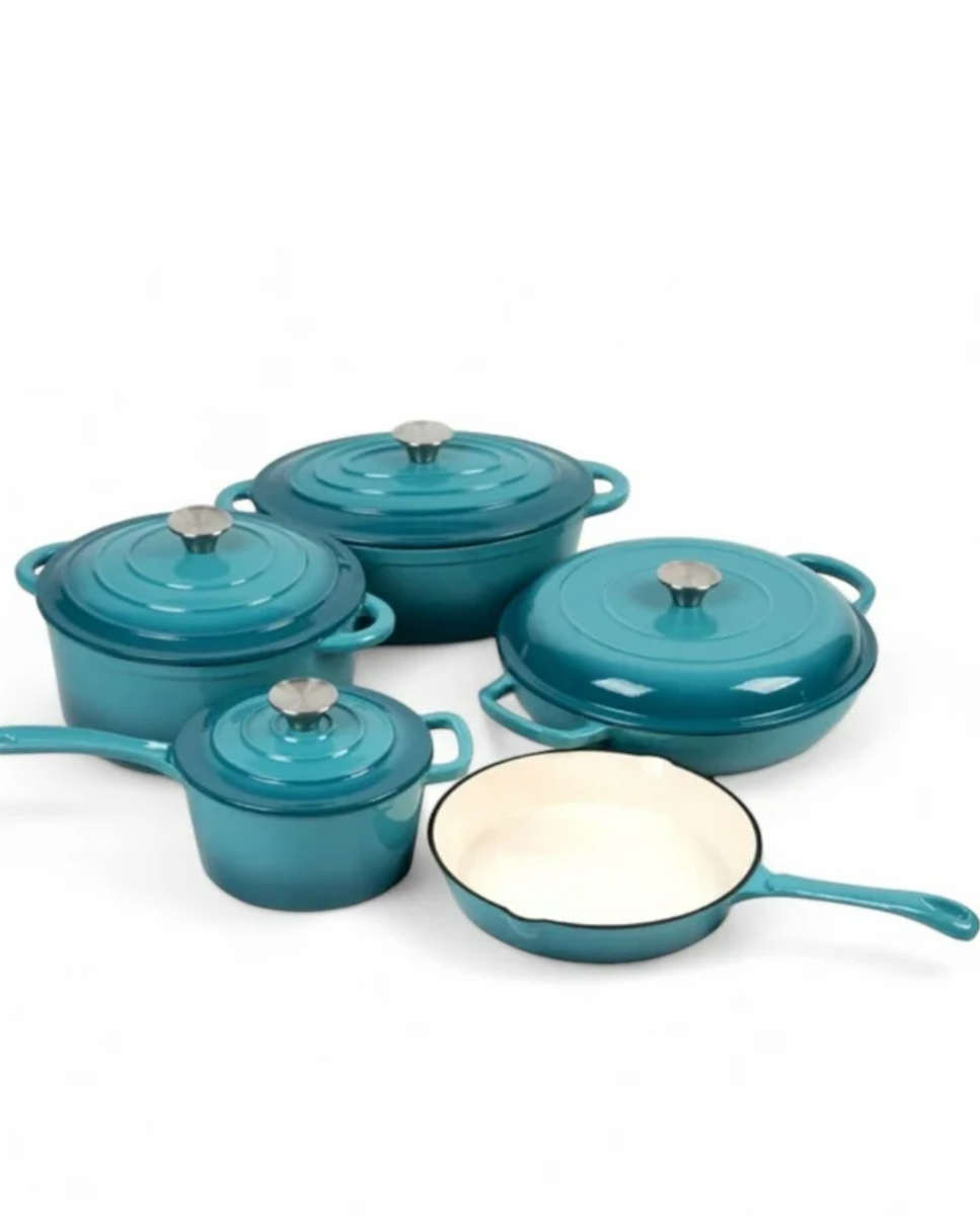7 Piece Authentic Cast Iron Dutch Oven Cookware Pot Set -All colors