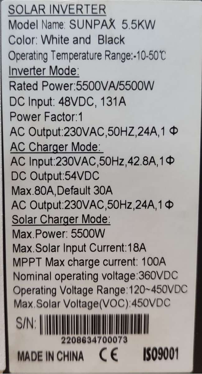 SUNPAX 5.5KW Solar Inverter - Please See Description / For Spares or Repair