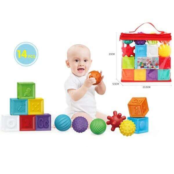 14-Piece Sensory Puzzle Balls & Blocks Set  Soft, Textured Rubber for Toddlers