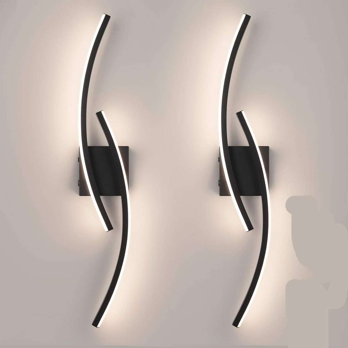 Black Modern LED Wall Sconces (Set of 2)  3-in-1 Colour Temperature, Curved Design, Ambient Lightin