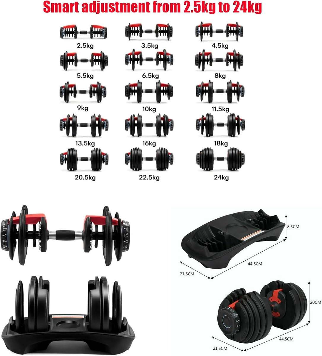 Adjustable Dumbbell Weight Set  2.5kg to 24kg (Replaces 15 Sets) for Home Gym