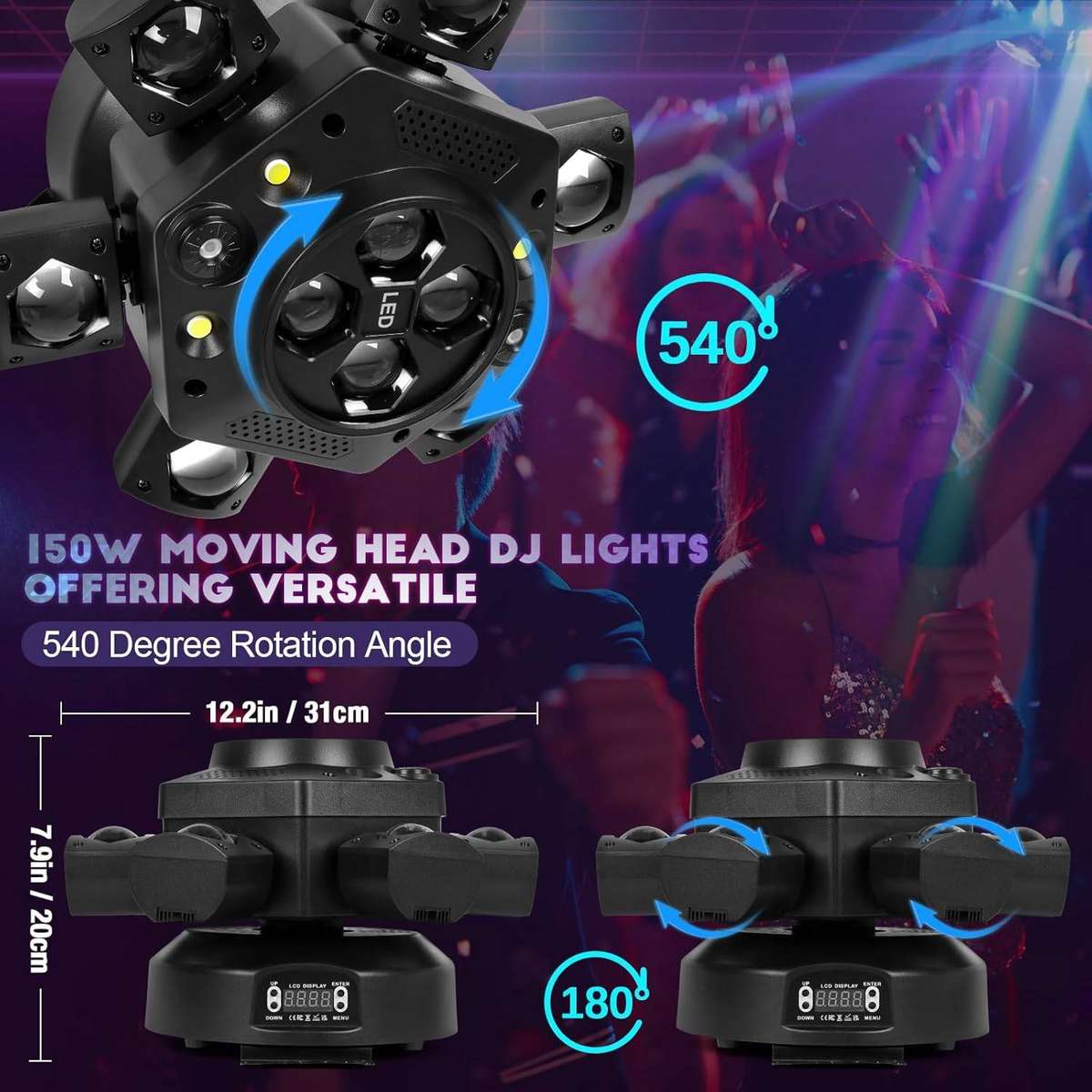 150W LED 6-Head Moving Head DJ Light  RGBW Strobe & DMX Control for Stage, Parties & Events