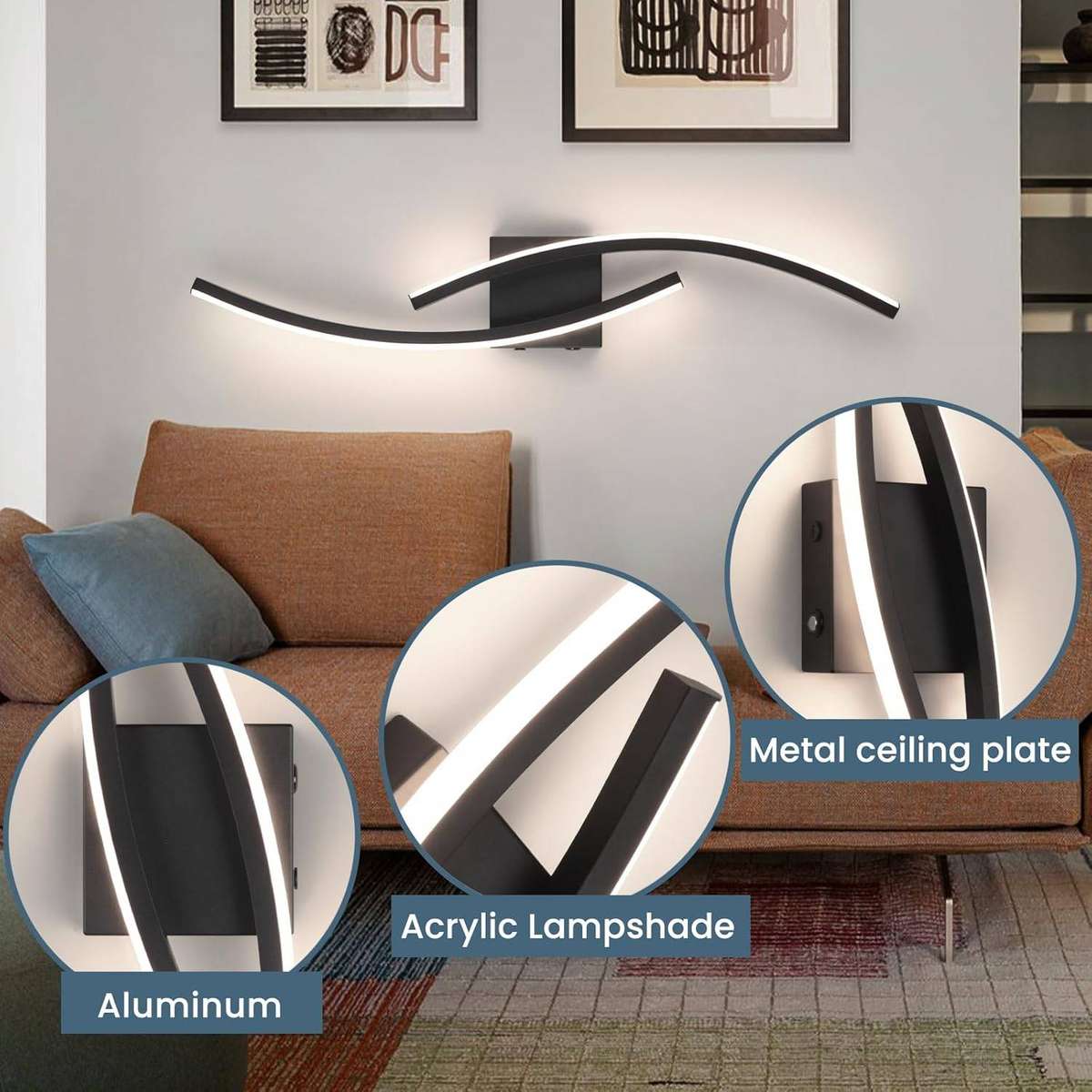 Black Modern LED Wall Sconces (Set of 2)  3-in-1 Colour Temperature, Curved Design, Ambient Lightin