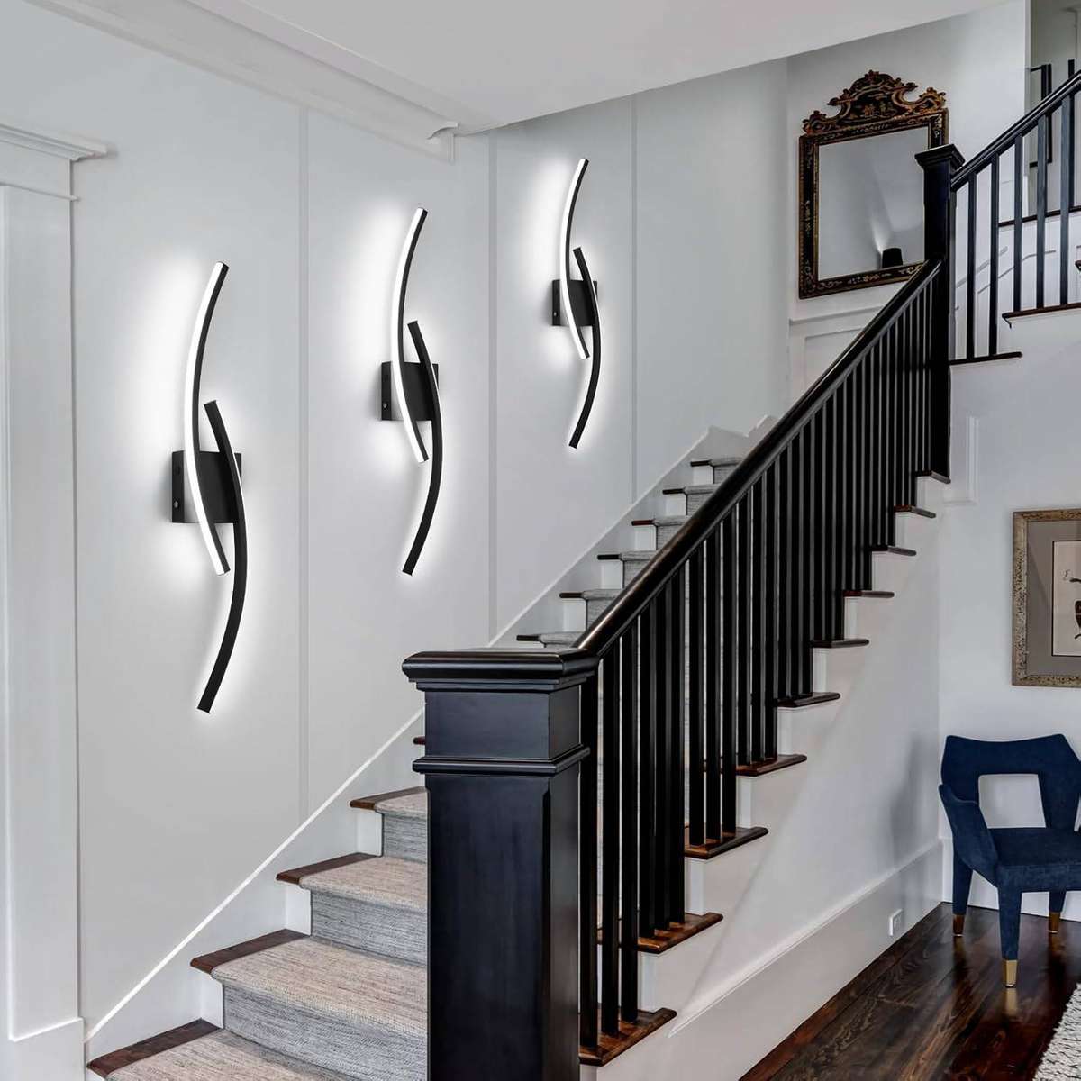 Black Modern LED Wall Sconces (Set of 2)  3-in-1 Colour Temperature, Curved Design, Ambient Lightin