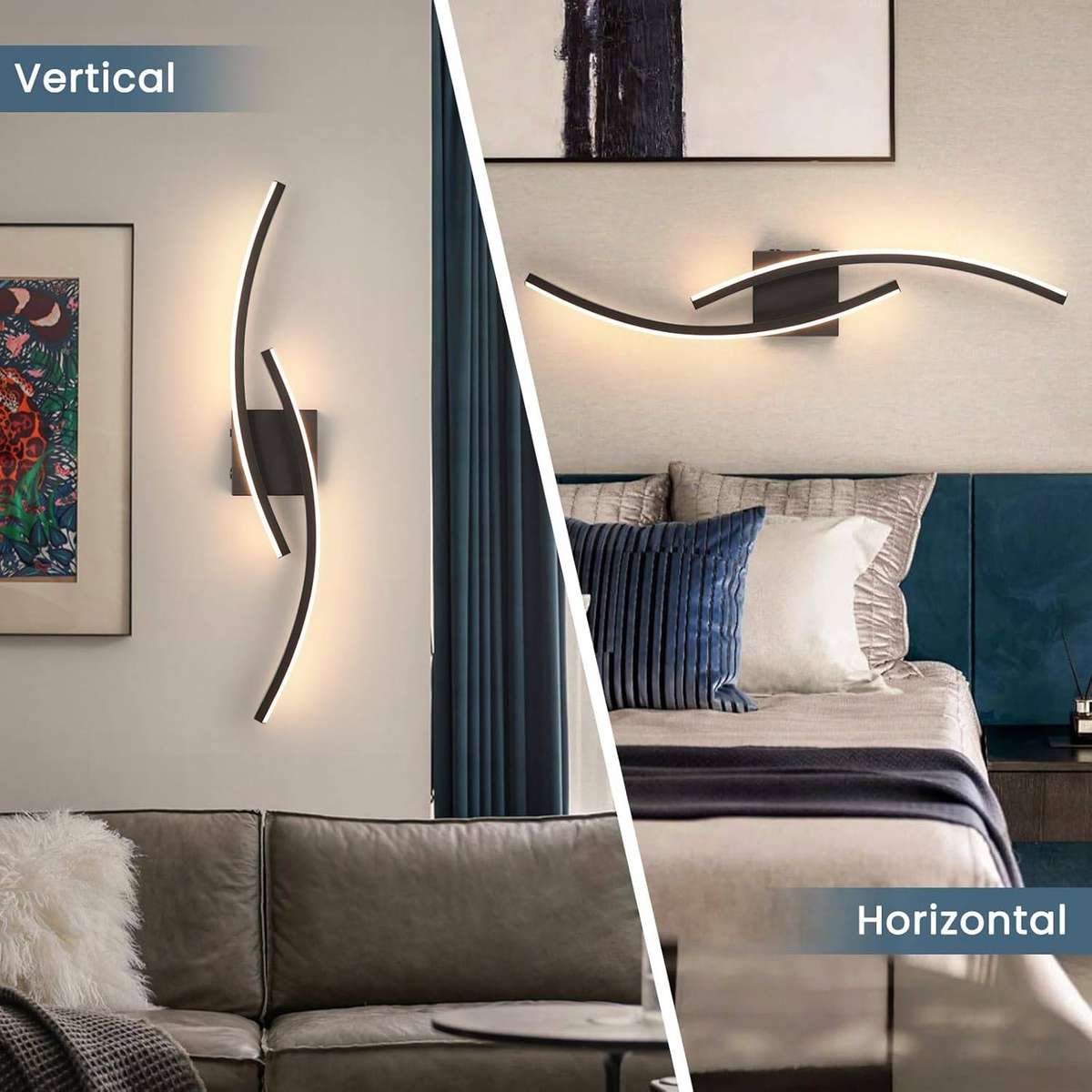 Black Modern LED Wall Sconces (Set of 2)  3-in-1 Colour Temperature, Curved Design, Ambient Lightin