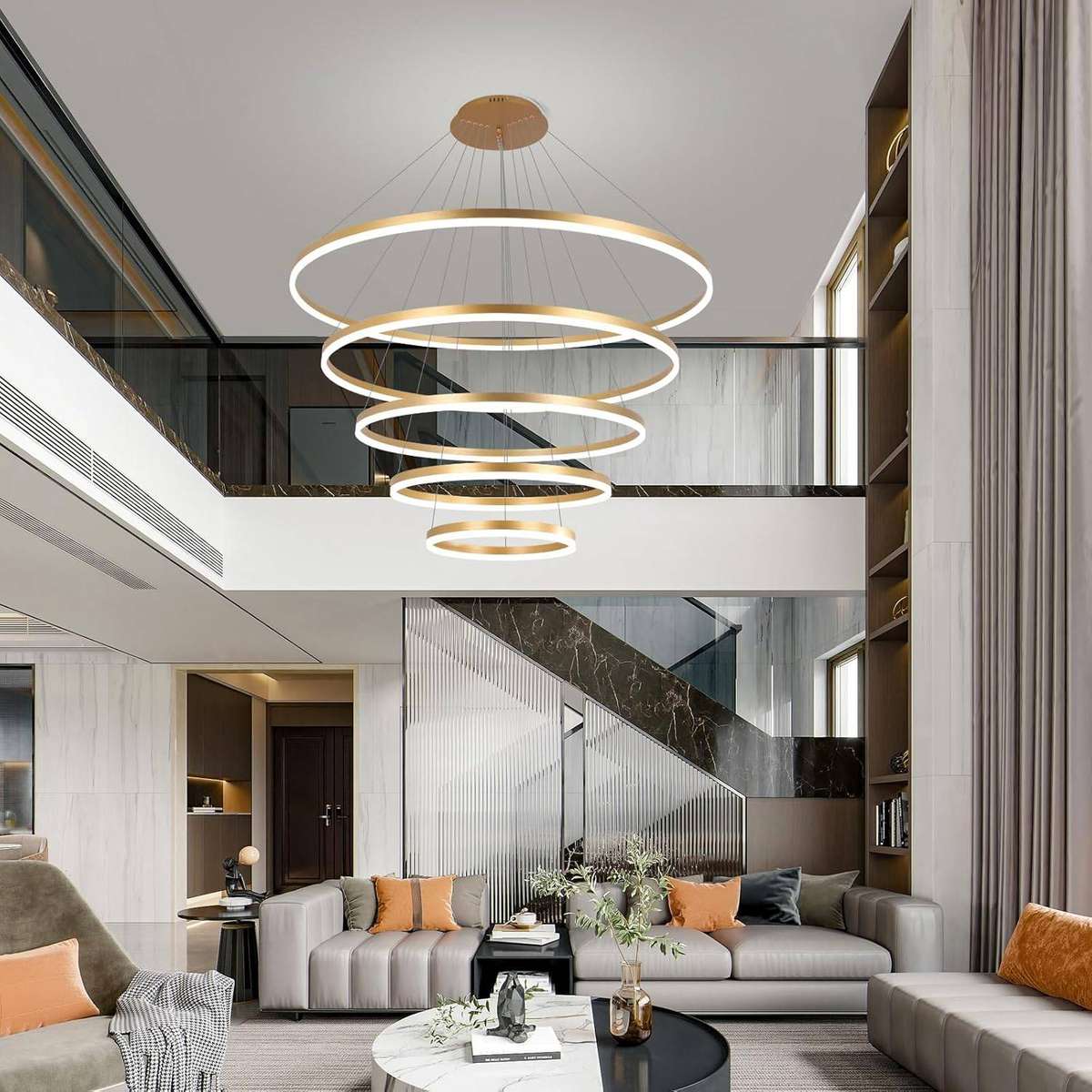 Modern LED Ring Chandelier  Dimmable, Remote Control, Adjustable Height, 3-Color Temperature