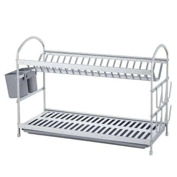 2-Tier Aluminum Dish Drying Rack - Silver Dish Drainer with Utensil Holder