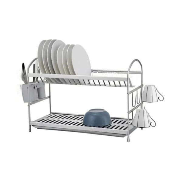 2-Tier Aluminum Dish Drying Rack - Silver Dish Drainer with Utensil Holder