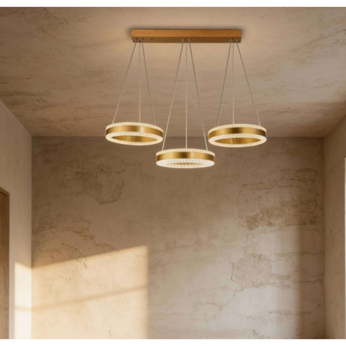 3-Ring Modern LED Halo Chandelier  Brushed Gold Linear Triple Pendant