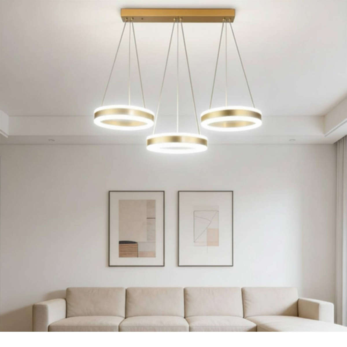 3-Ring Modern LED Halo Chandelier  Brushed Gold Linear Triple Pendant