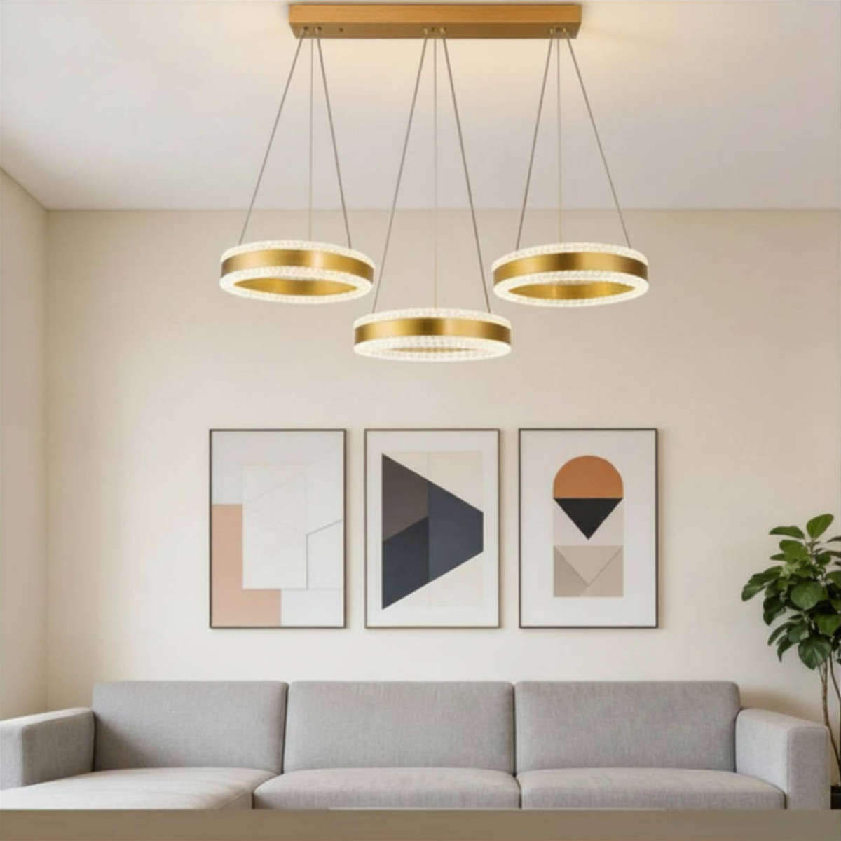 3-Ring Modern LED Halo Chandelier  Brushed Gold Linear Triple Pendant