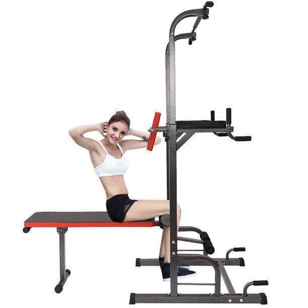 All-in-One Pull-Up Bar Adjustable Tower Dip Station With Bench Bar E4-11-2