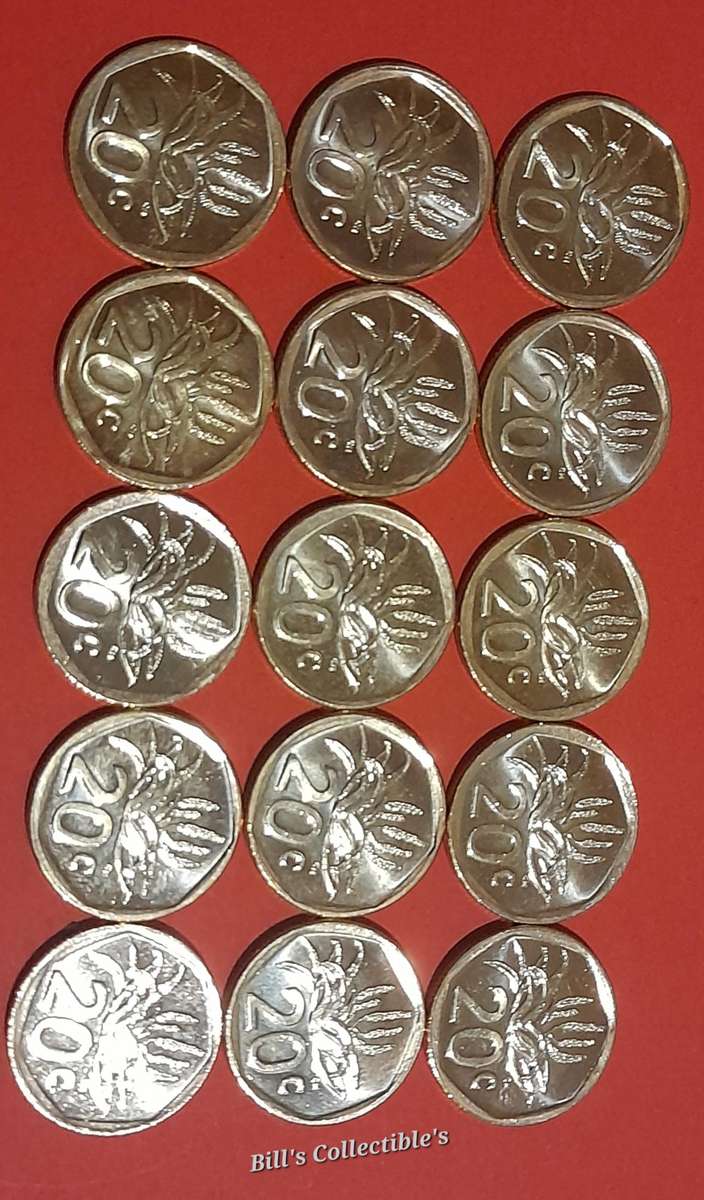 15 South African AU 2024 20 Cent Coins .