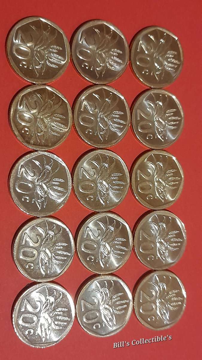 15 South African AU 2024 20 Cent Coins .