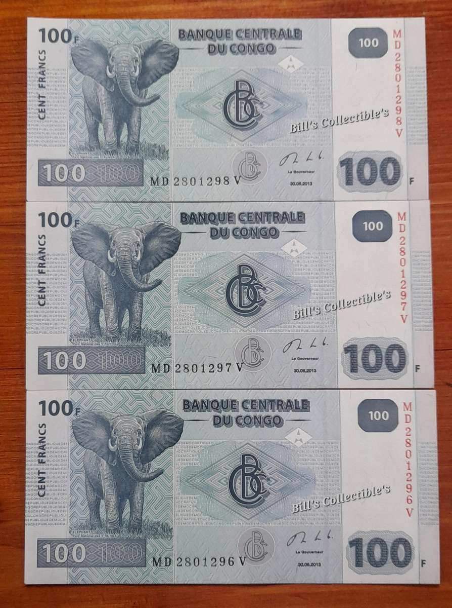 Uncirculated Republic of Congo 100 Francs X3 Banknotes in Sequence.