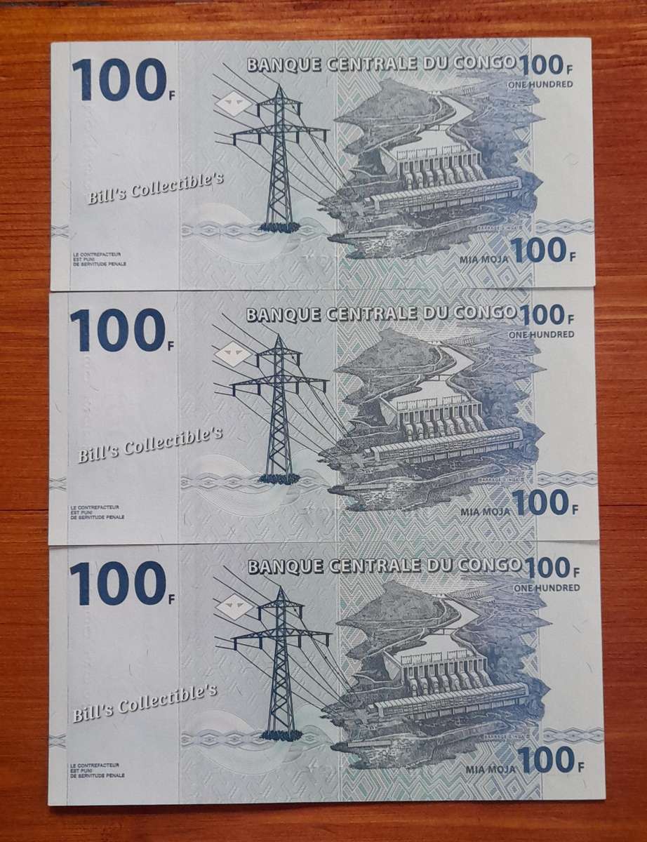 Uncirculated Republic of Congo 100 Francs X3 Banknotes in Sequence.