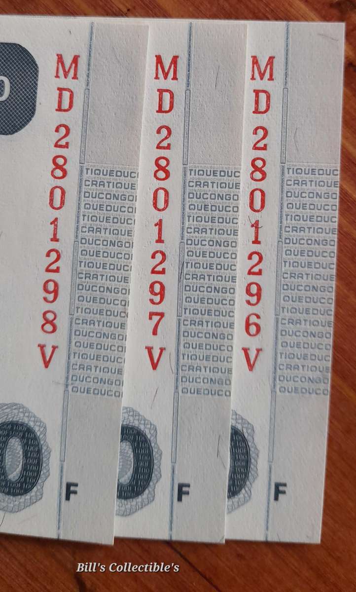 Uncirculated Republic of Congo 100 Francs X3 Banknotes in Sequence.