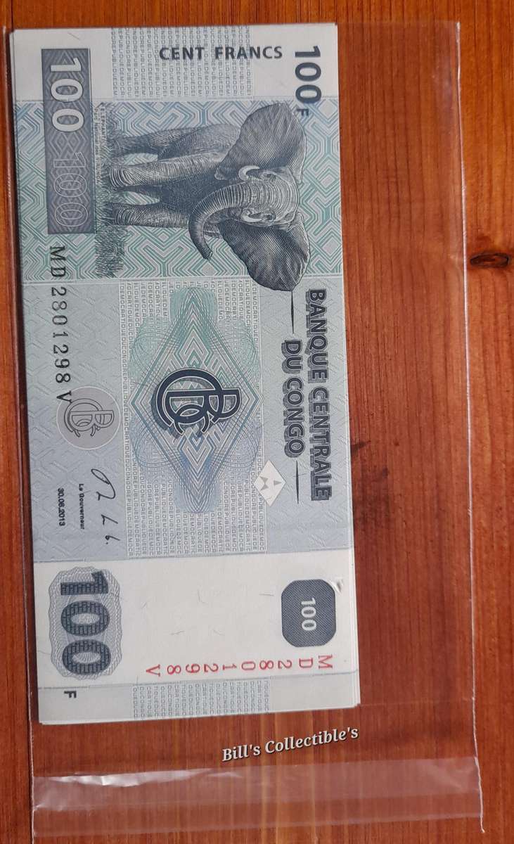 Uncirculated Republic of Congo 100 Francs X3 Banknotes in Sequence.