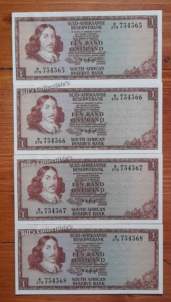 Great Condition South African TW de Jongh R1 Banknotes in Sequence.