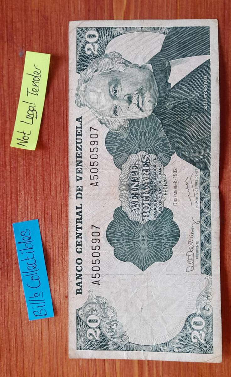 1992 Venezuela 20 Bolivares Banknote.