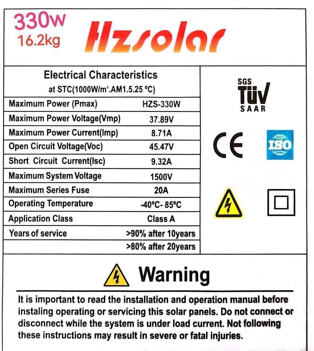 Hz Solar 330w mono solar panel