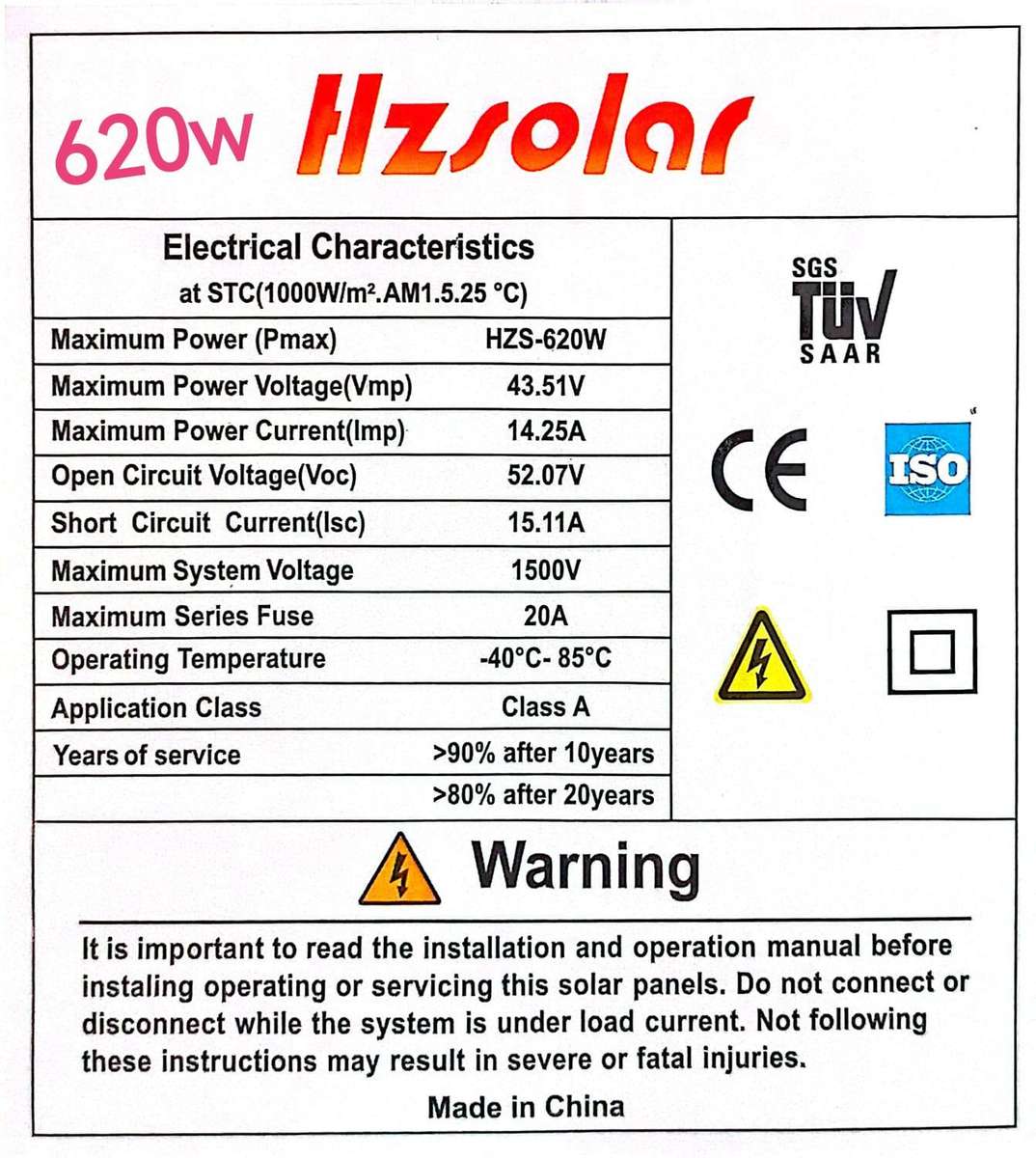 HZ Solar 620w mono solar panel