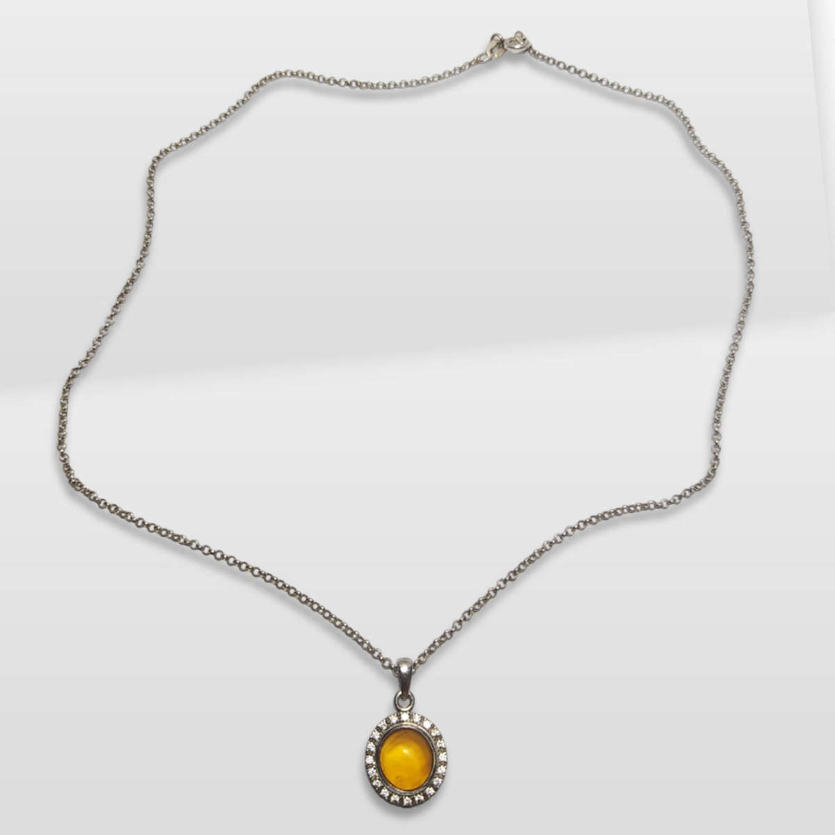 925 Sterling Silver Necklace With Amber And Cubic Zirconia Pendant