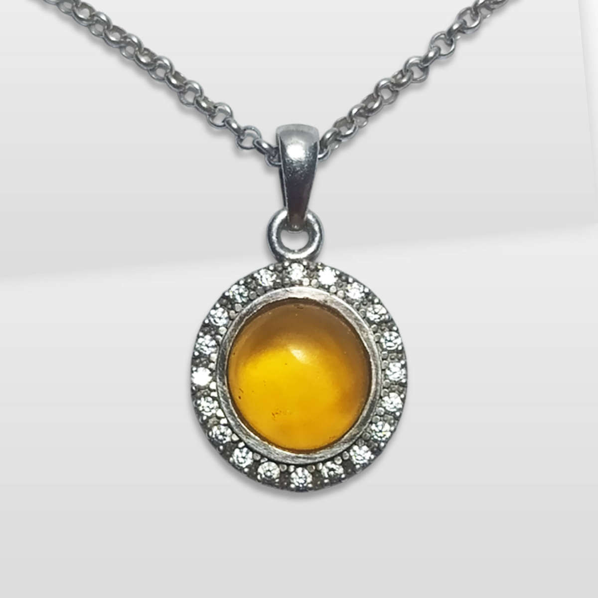 925 Sterling Silver Necklace With Amber And Cubic Zirconia Pendant
