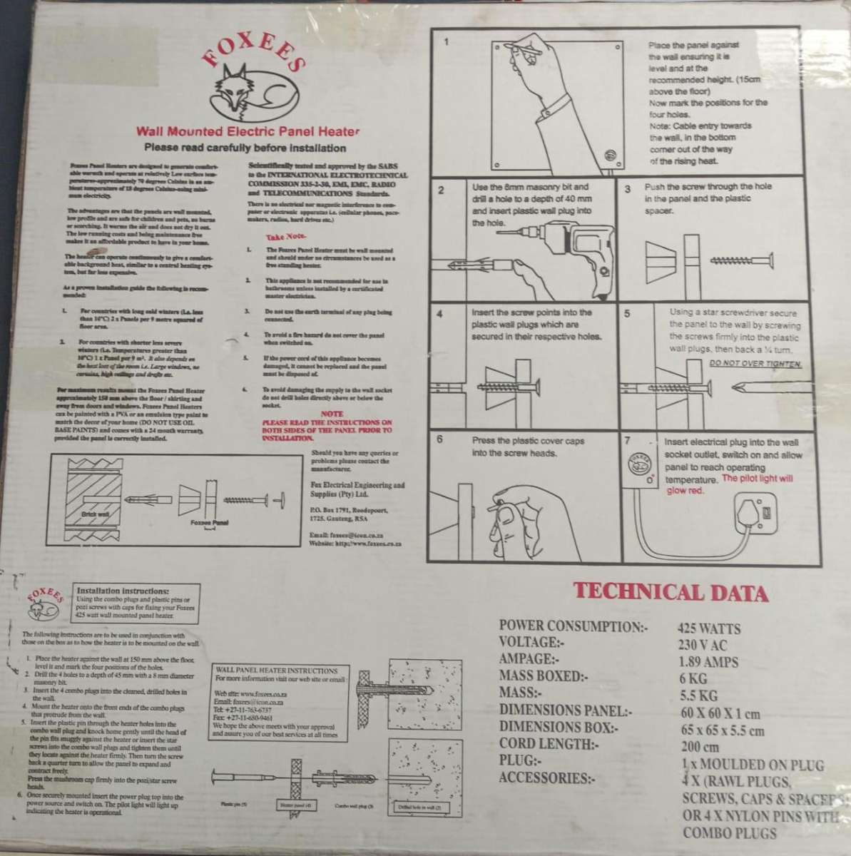 Foxess Wall Mounted Electrical Panel Heater 425W-Special