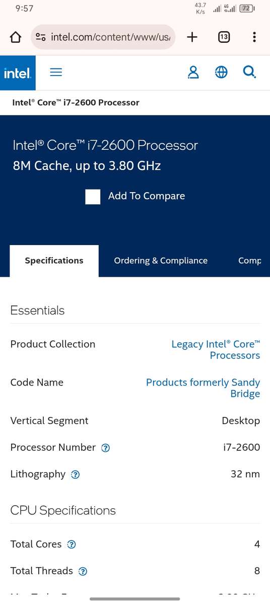 Intel Core i7 2700 3.4ghz cpu