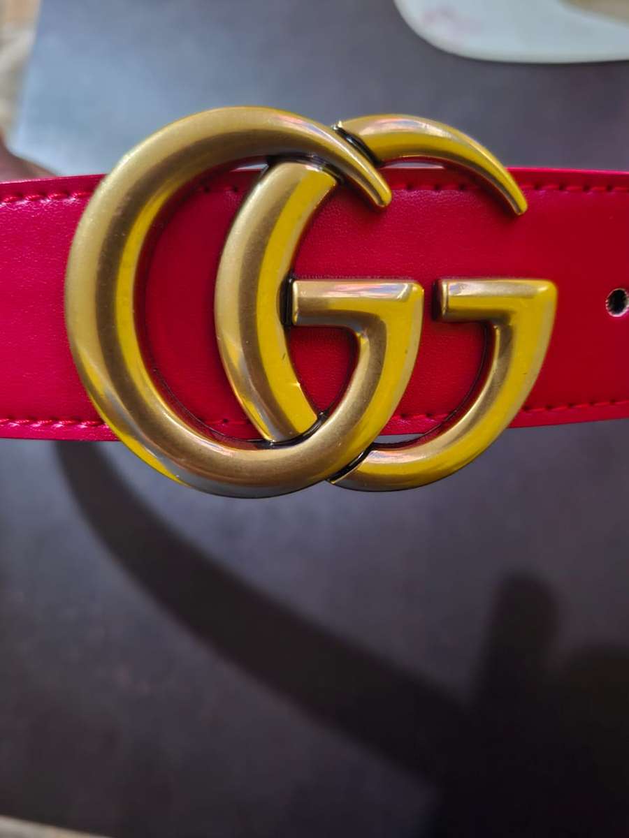 Gucci GG Marmont Wide Belt Leather Gold Double G Buckle Red 110 cm Width 3.5cm