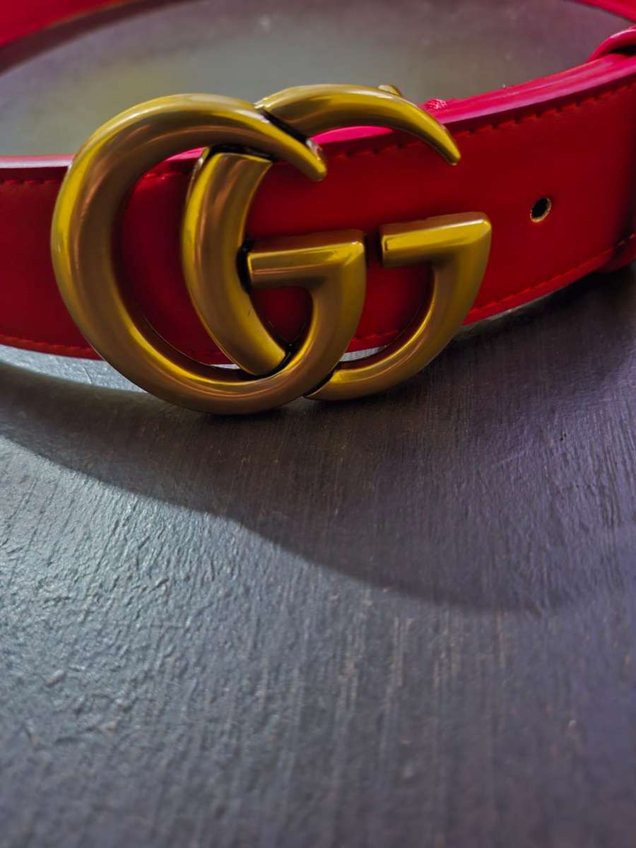 Gucci GG Marmont Wide Belt Leather Gold Double G Buckle Red 110 cm Width 3.5cm