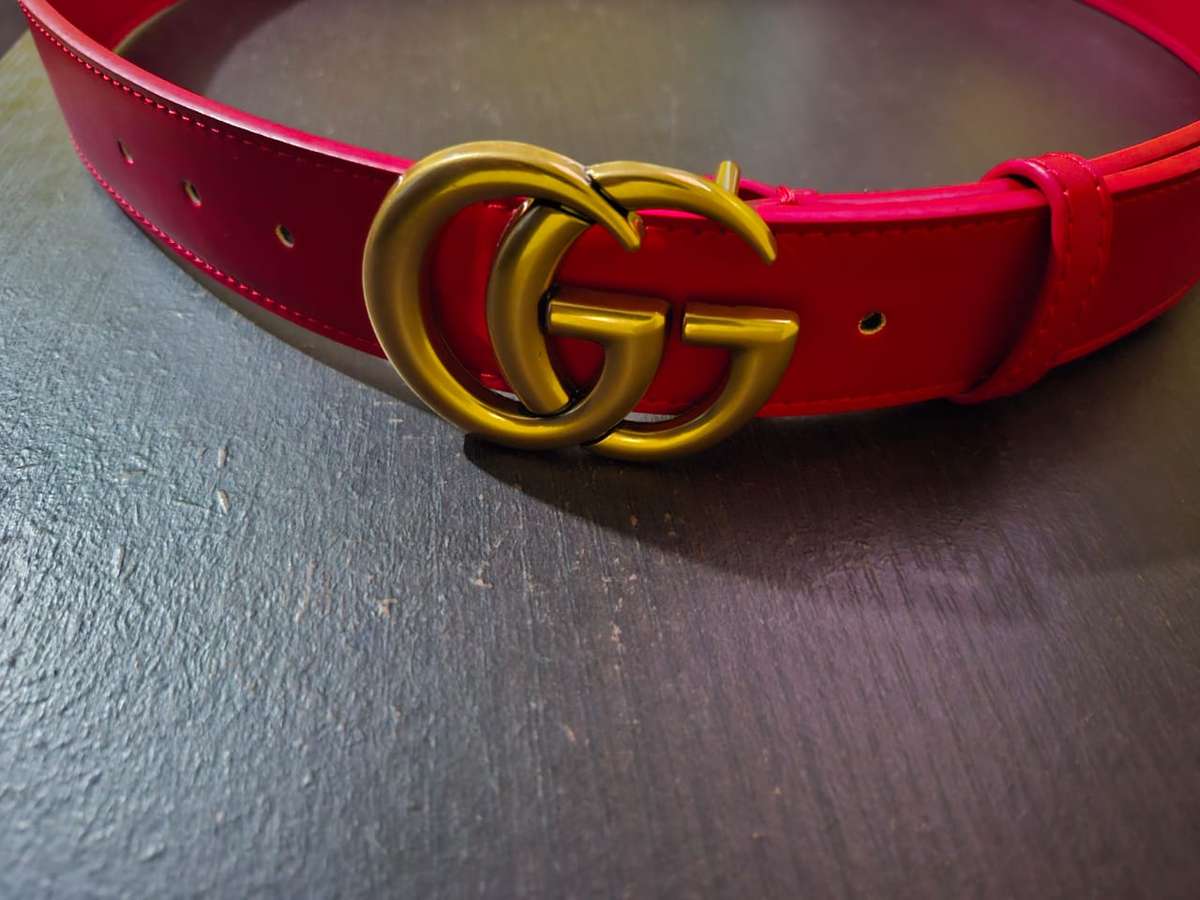 Gucci GG Marmont Wide Belt Leather Gold Double G Buckle Red 110 cm Width 3.5cm