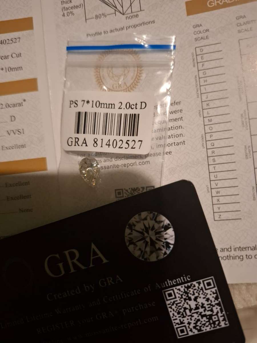 2ct Pear White D Color VVS1 Moissanite