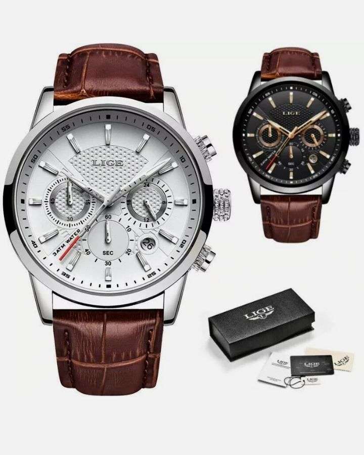 LIGE Luxury Men's Quartz Watch - Elegant Rose Golden Case with Date & Chronograph