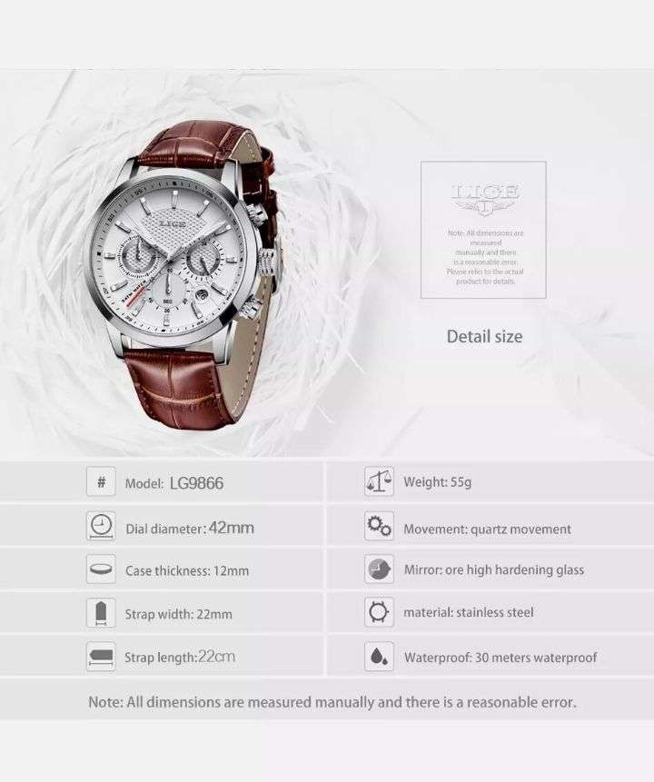 LIGE Luxury Men's Quartz Watch - Elegant Rose Golden Case with Date & Chronograph