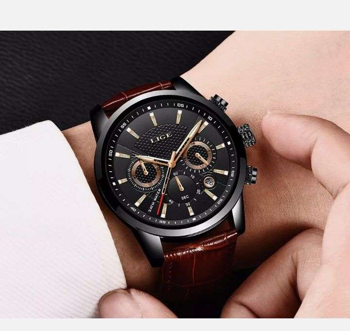 LIGE Luxury Men's Quartz Watch - Elegant Rose Golden Case with Date & Chronograph