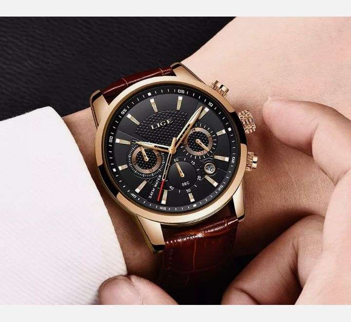 LIGE Luxury Men's Quartz Watch - Elegant Rose Golden Case with Date & Chronograph