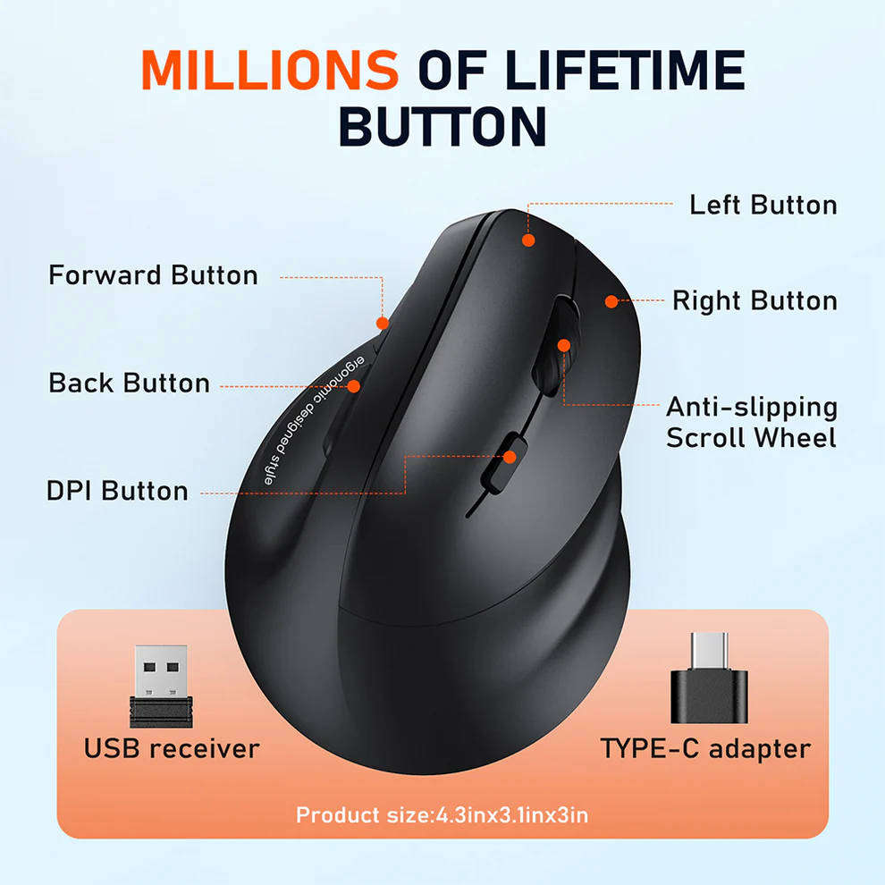 Meetion Wireless Ergonomic Vertical Mouse - Right-handed, RGB, Bluetooth