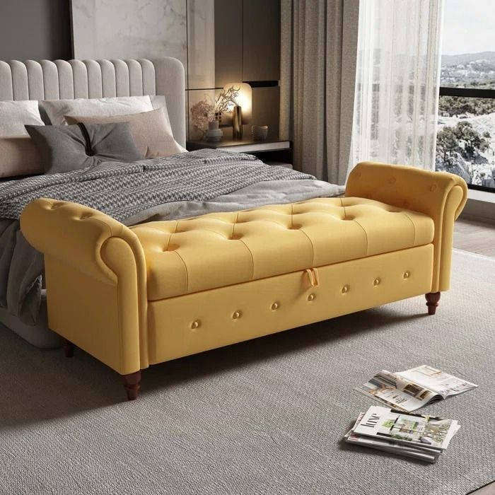 Pro-t  Upholstered Flip Top Bench in Yellow velvet queen size