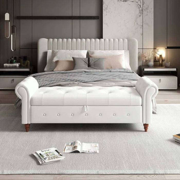 Pro-t  Upholstered Flip Top Bench in cream white  velvet queen  size