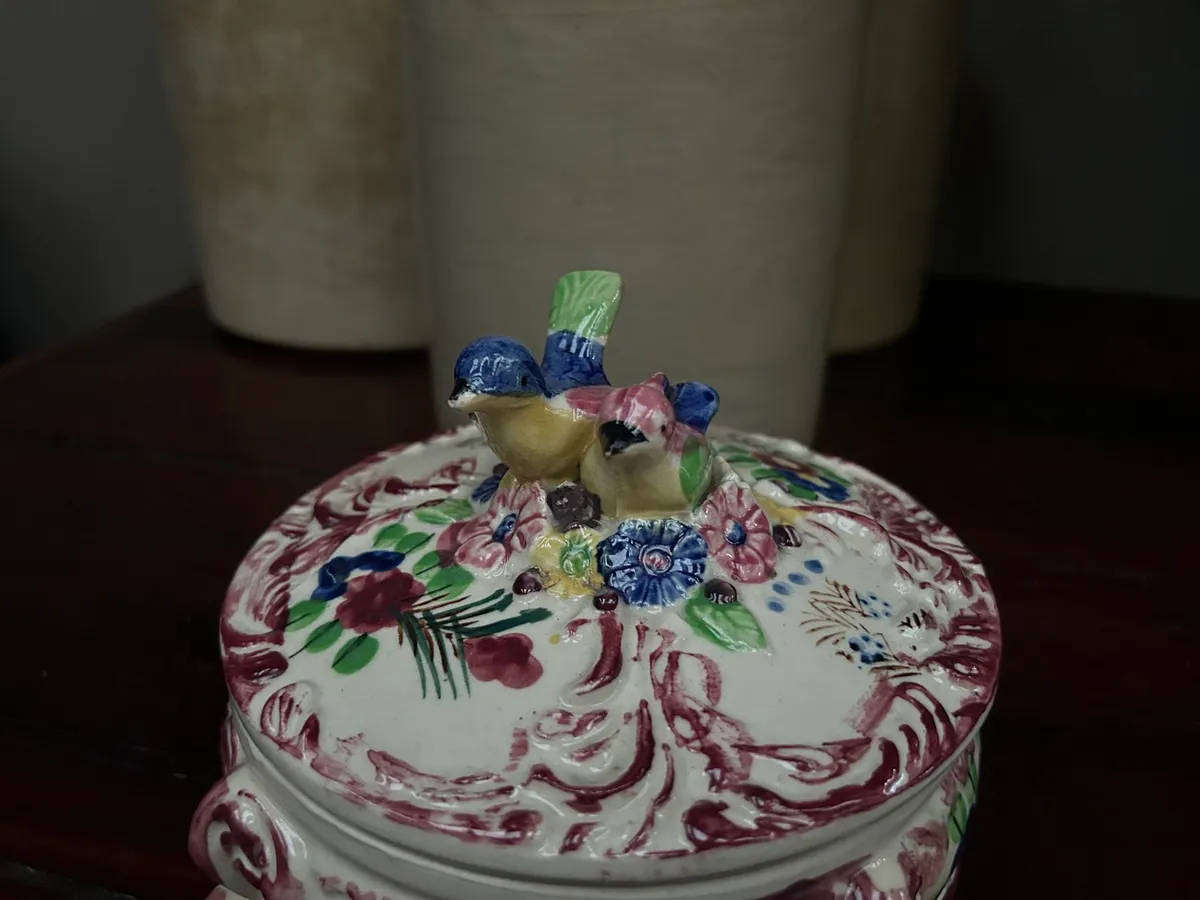 Charming Vintage Japanese Hand-Painted Ceramic Trinket Box with Bird Finial