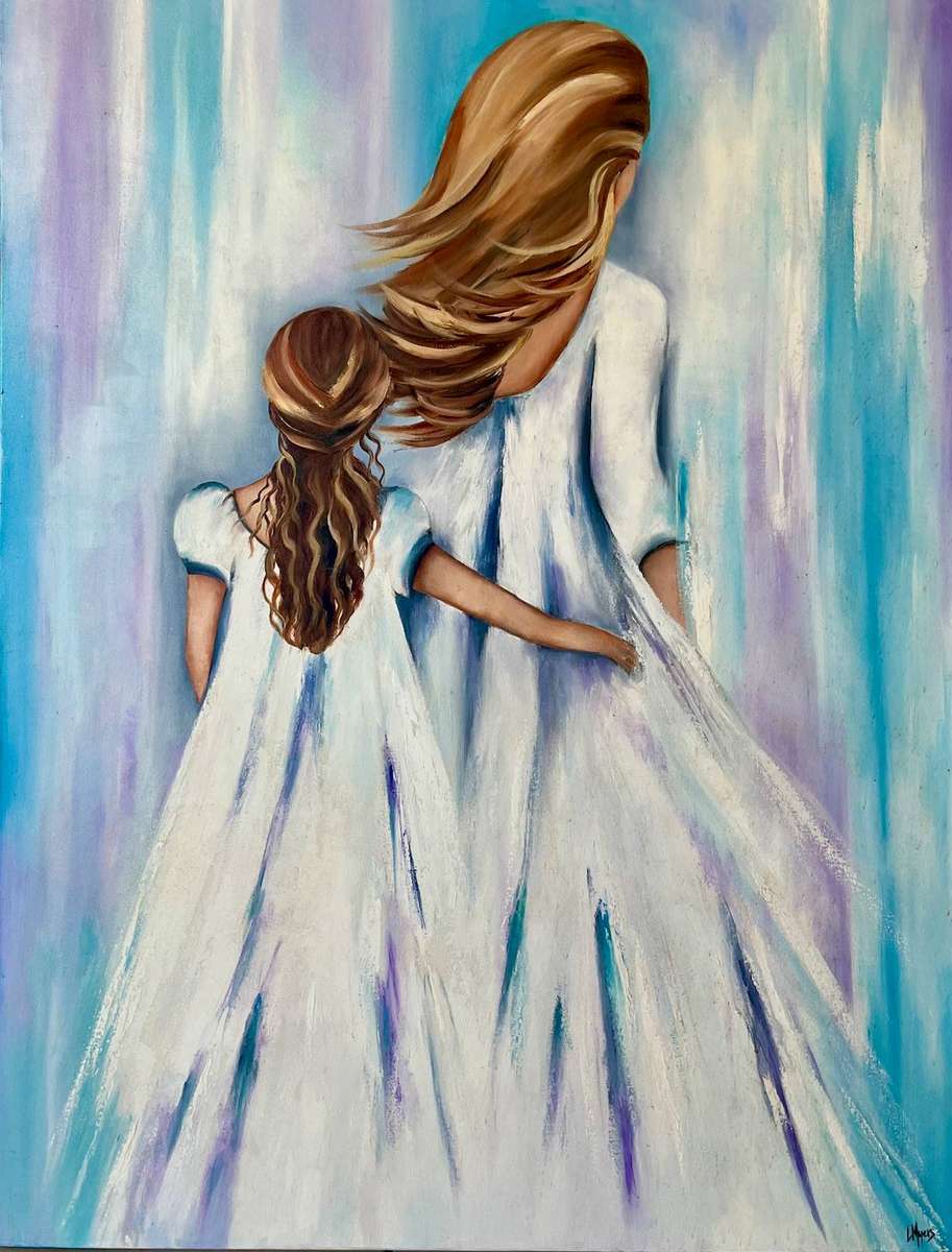 Mother and Daughter Semi Abstract original Oil painting by South African Artist Louise Myers.