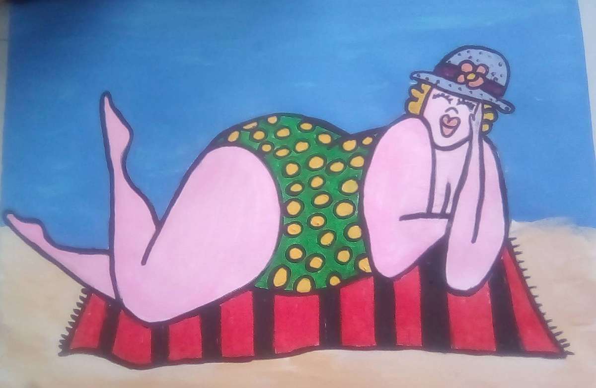 Gorgeous sunbathing lady on beach- A3 size , acrylic on canvas