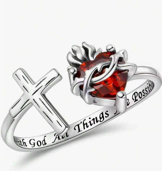 Cross ring with inscription and Heart CZ detail