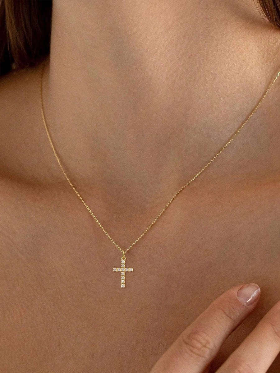 Gold tone Cross with CZ and chain