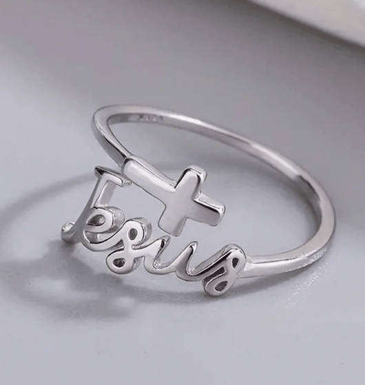 Jesus script ring with cross