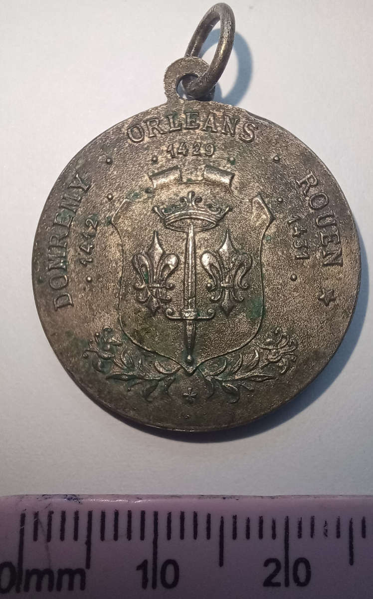 Antique Religeous French Medallion Pendant - Saint Joan of Arc - Silvered Bronze - Fleur de Lis